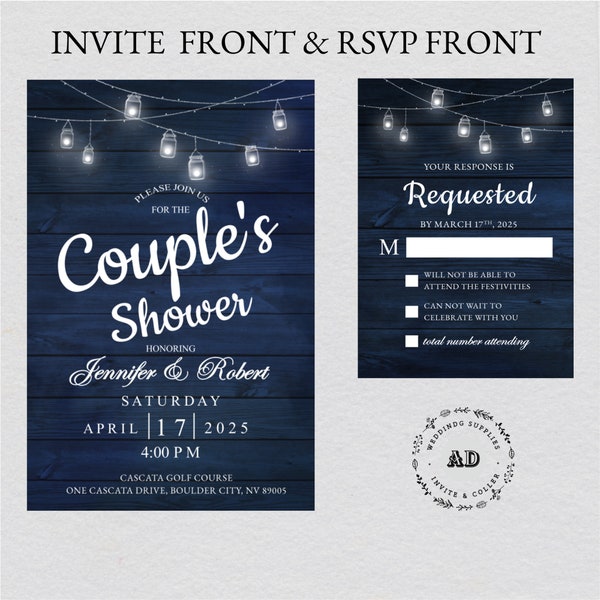 Customized Couple's Shower Invite, Rustic Wood Rustic Style Design With Navy Wood And String Lights {Free Infinite Design Before Pay}