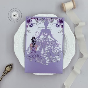 Lavendel & Silber Prinzessin Sweet 15 Einladung, Mis XV Anos Quince Einladung, Mädchen mit Kleidertasche {Free Infinite Design before Pay}