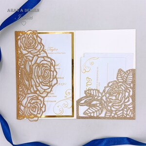 Maßgeschneiderte Glitter Rose Gold Laser Hochzeit lädt mit Monogramm Tag und Bauchband + RSVP-Karte + Umschlag "Free Infinite Design vor dem Bezahlen"