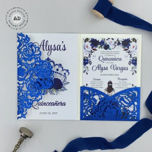 Glitter Royal Blue Tri Fold Laser Cut Rose Floral Invite For Girl Quinceanera And Sweet 15 {Free Infinite Design Before Pay}