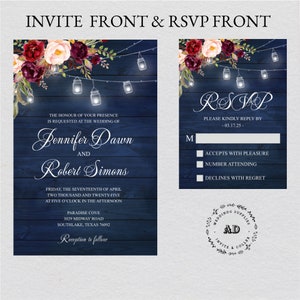 Bourgondische marine bloemen rustieke string licht bruiloft uitnodiging met bijpassende florale mason jar RSVP-kaart {gratis oneindig ontwerp voor pay}