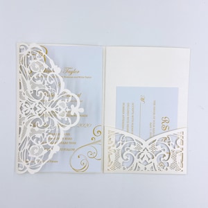 Wunderschöne Elfenbein und Gold Tasche Laser Cut HochzeitSeinladungen mit Fliege und RSVP Karte {Free Infinite Design before Pay}