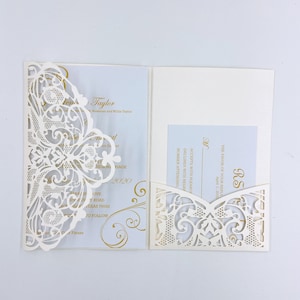 Gorgeous Ivory and Gold Pocket Laser Cut Wedding Invitations With Bowtie And RSVP Card {Free Infinite Design Before Pay}