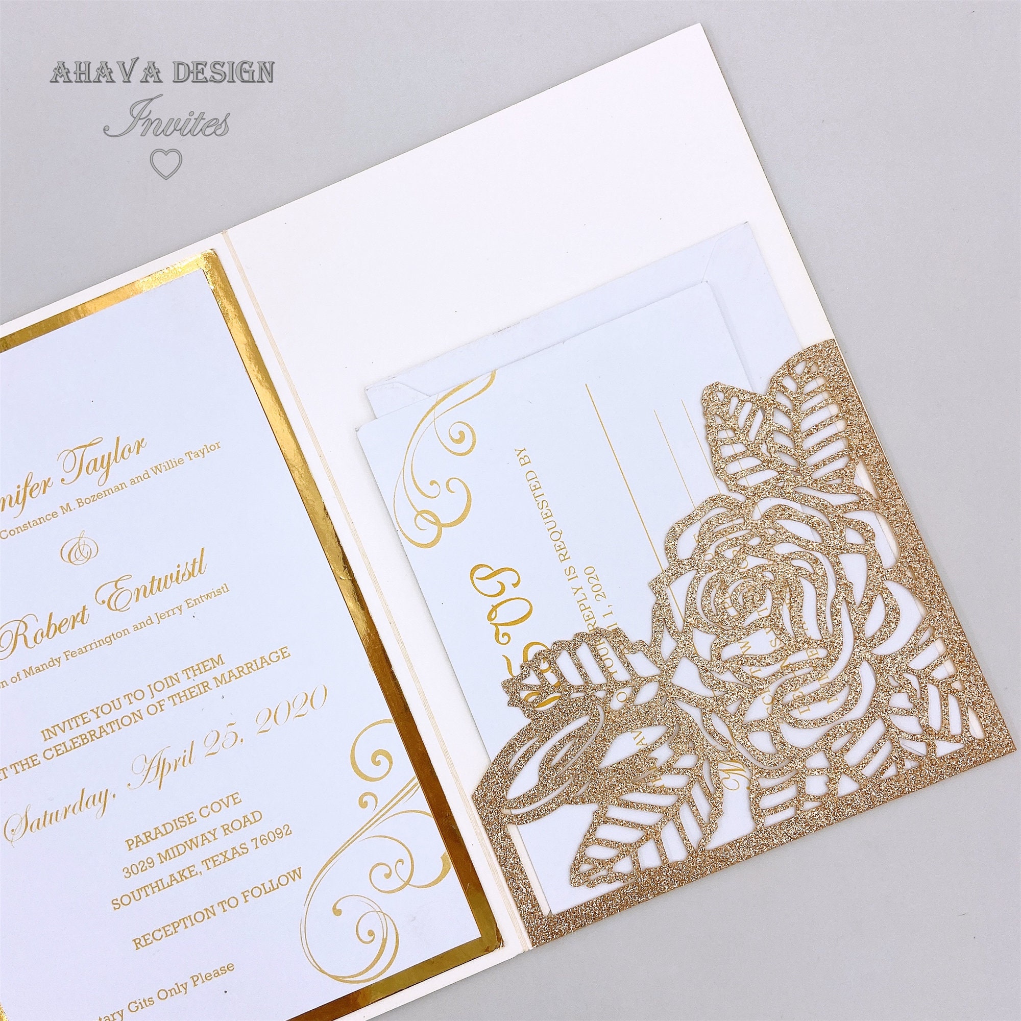 Customized Glitter Rose Gold Laser Wedding Invites With Monogram Tag ...