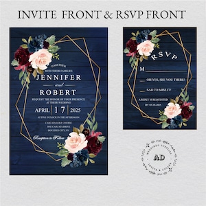 Marine blau Burgund Gold erröten rosa Land Hochzeitseinladung, individuelle Hochzeit laden Set mit RSVP-Karte "Free Infinite Design Before Pay"