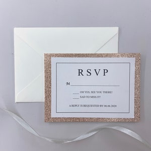 Cartes RSVP de mariage avec soutien et enveloppe de paillettes, cartes imprimables ou imprimées de réponse d’invitation, cartes de mariage noires classiques RSVP