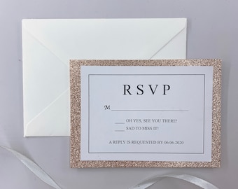 Wedding RSVP Cards With Glitter Backing And Envelope, Printable OR Printed Invitation Reply Cards, Classic Black RSVP Wedding Cards