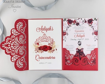 May include: Red and white Quinceañera invitation with a red laser cut design. The invitation features a crown, flowers, and the text "Aaliyah's Quinceañera April 17th, 2025".
