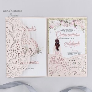 Luxe Shining Blush verjaardag uitnodigingen kaarten laser gesneden bloemen zak voor Quinceanera / Sweet 15 XV {Gratis oneindig ontwerp voor betaling}