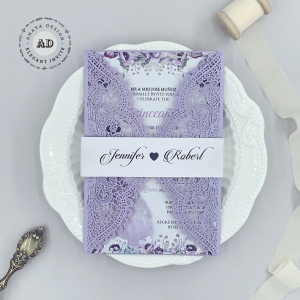 Gorgeous Lavender Mis XV AÑOS Birthday Party Lace Invite, Fancy Sweet 16 Quince Invite With Belly band {Free Infinite Design Before Pay}