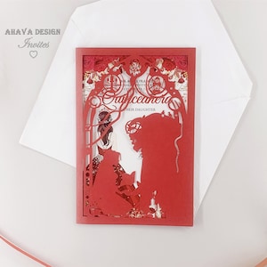 Beauty And The Beast Disney XV Birthday Party Laser Cut Invites, Elegant Red Girl Sweet 16 Invitations{Free Infinite Design Before Pay}