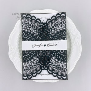 Zwart-wit Laser Cut Uitnodiging voor Bruiloft, Elegante laserzak met gedrukte buik band&insert {Free Infinite Design before pay}