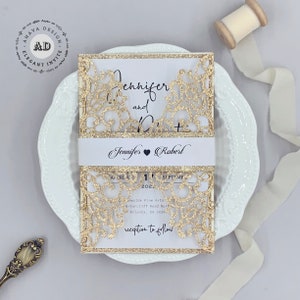 Glitzer Rose Gold Laser Cut Floral Einladung mit individuellem Bauchband, wunderschöne Hochzeit Laser Einladungen {Free Infinite Design Before Pay}