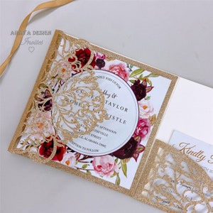 Funkelnde Rose Gold Floral Laser geschnittene quadratische Hochzeitseinladung mit druckbarer RSVP-Karte, Glitzerspitze laden ein {Kostenloses unendliches Design vor Bezahlung}
