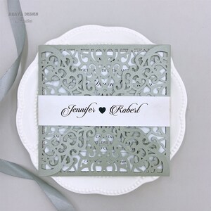 Luxury Silver Laser Wedding Invitations, Lace Pocket + Monogram Belly Band + Printable Invite Insert {Free Infinite Design Before Pay}