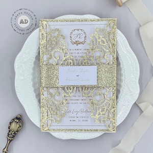 Glitter Champagne Gold Laser Cut Floral Invitation, Prachtige Bruiloft Laser Nodigt Uit Met Aangepaste Tag {Free Infinite Design Before Pay}