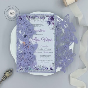 Invitation d'anniversaire de fille MIS 15 AÑOS papillon lilas chatoyant, belle invitation douce 16 XV avec enveloppe {conception infinie gratuite avant de payer}