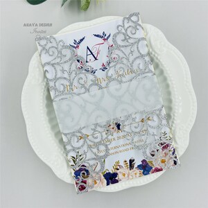Elegante Floral rechteckige Spitze Hochzeit lädt mit Umschlägen, DIY Einladung Sendekarten Kit mit Bauchband-Free Infinite Design vor dem Bezahlen.