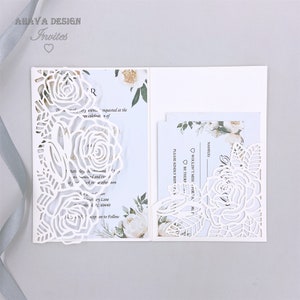Kundenspezifische Ivory Laser-Hochzeit lädt mit dreifach gefalteter Laser-Tasche + Antwortkarte + Bauchband + Umschlag ein