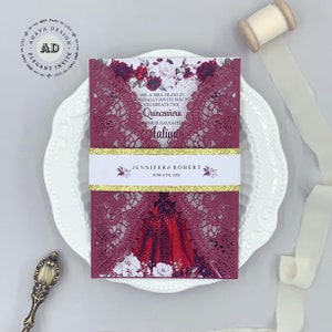 Rustikale Spitze MIS 15 AÑOS Mädchen Geburtstag Einladungen, Shabby Chic Burgunder Mädchen Süße 16 Einladung mit Umschlag {Free Infinite Design vor dem Bezahlen}