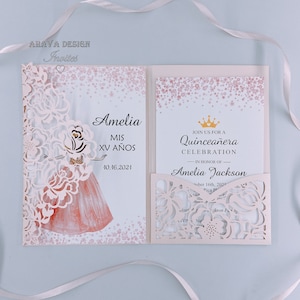 Wunderschöne Blush Laser Cut XV Sweet Sixteen Einladung, rosa Quince Einladung mit Bauchband {Free Infinite Design before Pay}