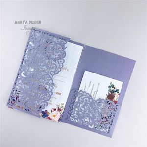 Printable Shimmer Violet Cut Wedding Invite with Vellum Belly Band, Floral DIY Insert and RSVP Card -Free Infinite Design Before Pay