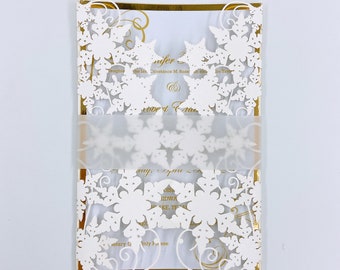 Ivory Snowflake Laser Cut Cards DIY Wedding Invitations with Envelopes, Laser Cut Floral Pocket With Printed Insert And Belly Bnad
