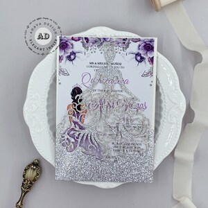 Aangepaste Glitter Zilveren Assepoester Huwelijksuitnodigingen Elegante Kant Floral Bridal Engagement Uitnodigingen {Gratis Oneindig Ontwerp VoorDat Betaal}