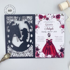 Romantische zwarte Rapunzel verwarde prinses Sweet 15 uitnodigen, DIY Sweet 16 Mis XV Anos meisje paard uitnodiging {gratis oneindig ontwerp vóór betaling}