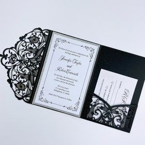 Zwart-zilveren klapvouw lasergesneden Quinceanera Sweet Sixteen huwelijksuitnodiging, RSVP-kaart en envelop inbegrepen {Free Infinite Design}