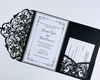 Black&Silver Gatefold Laser Cut Quinceanera Sweet Sixteen Wedding Invitation, RSVP Card And Envelope Are Included {Free Infinite Design}