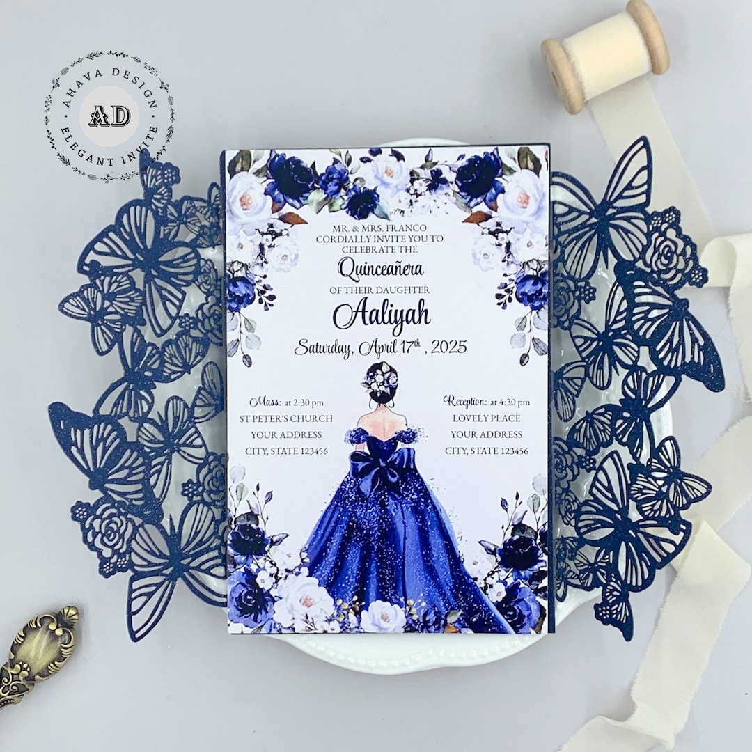 Invitaciones de mariposa azul marino para la fiesta de mis quince años,  hermosa tarjeta láser para quinceañeras {Diseño infinito gratis antes de ..., image size:1080x1080