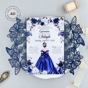 Marine-Schmetterling-Einladungen für Mis Quince AÑOS-Geburtstagsfeier, schöne Bonbon 16 Quinceamaßa Laserkarte {Kostenloses unendliches Design vor Bezahlung}