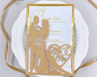 Elegant Bride And Groom Laser Cut Wedding Invites With Customizable Insert, Gold Mr&Mrs Laser Invitation {Free Infinite Design Before Pay}