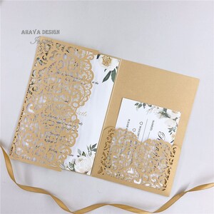 Betaalbare gouden bloemen bruiloft uitnodiging suite - pocketfold diy gesneden cover met RSVP-kaart {gratis oneindig ontwerp voor betaling}