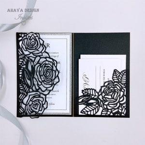 Aangepaste Black&Silver Laser Wedding Uitnodiging, Ring en Flower Laser Nodigen uit met RSVP-kaart voor bruiloft {Gratis Infinite Design Before Pay}