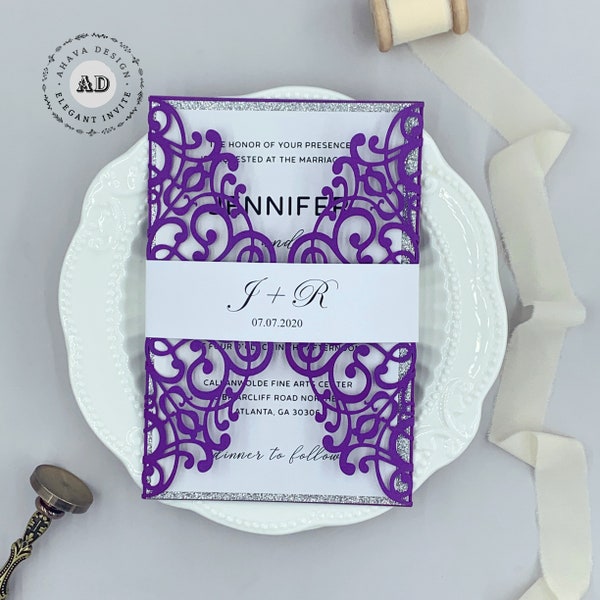 Shimmery Purple And Silver Simple Laser Cut Floral Invitation, Customized Laser Invites For Wedding  {Free Infinite Design Before Pay}