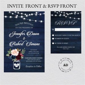 Rustic Navy Blue and Burgundy Blush Floral Wedding Invitation With Mason Jar Filled With Rose {Free Infinite Design Before Pay}