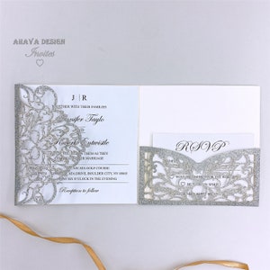 Wunderschöne Glitter Silber Floral Tri-fold Laser Square Hochzeit lädt mit druckbaren Einsatz &RSVP-Karte "Free Infinite Design before Pay"