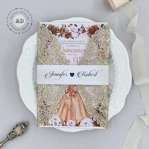 Glitter Champagne Gold Laser Cut Lace Uitnodiging, Licht Gouden Kaarten Voor Mis Quince Anos Sweet 15 Verjaardag {Gratis Oneindig Ontwerp Voor Pay}