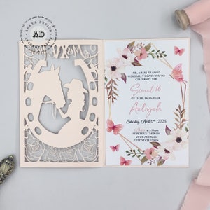 Blush Rapunzel verhedderte Geburtstagseinladung, schöne Sweet 16 Quinceamaßa Karte, Laser geschnittene Falteinladung {Kostenloses Infinite Design vor Bezahlung}