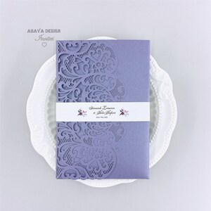 Gorgeous Laser Violet Wedding Invites, Floral Laser Pocket With Customized Belly Band, Insert&RSVP Card {Free Infinite Design Before Pay}