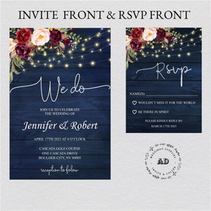 Rustikale Hochzeit blau Holz String Lights Burgund Floral Hochzeitseinladung, maßgeschneiderte gedruckte Karte "Free Infinite Design Before Pay"