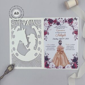 Romantische Ivory Rapunzel Tangled Princess Sweet 15 Invite, Quinceañera Uitnodigen Met Meisje Paard Laser Pocket {Gratis Oneindig Ontwerp Voor Betalen}