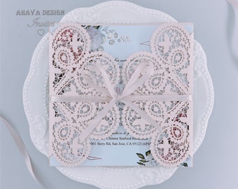 Romantic Laser Cut Wedding Invitations With Printable Insert, Ribbon&Envelope, Printable Birthday invites {Free Infinite Design Before Pay}