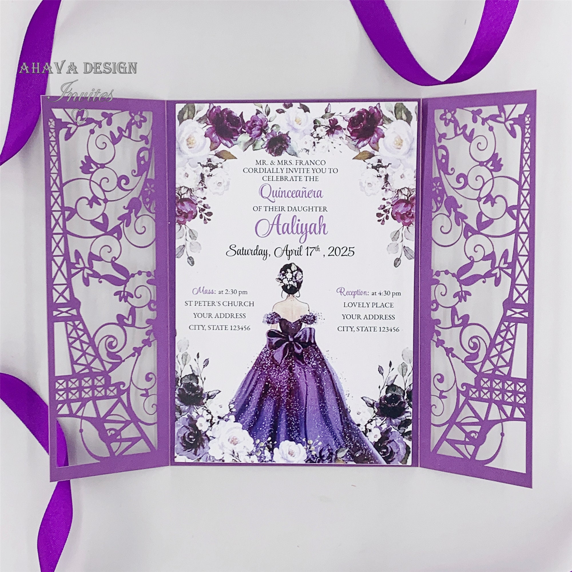 Romantic Purple Sweet 15 Quinceañera Eiffel Tower Invitation Etsy UK