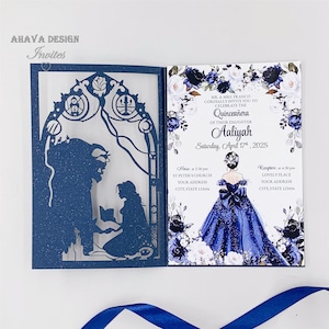 Beauty And The Beast XV Birthday Quinceanera Laser Cut Invites, Elegant Navy Princess Sweet 16 Invitations{Free Infinite Design Before Pay}