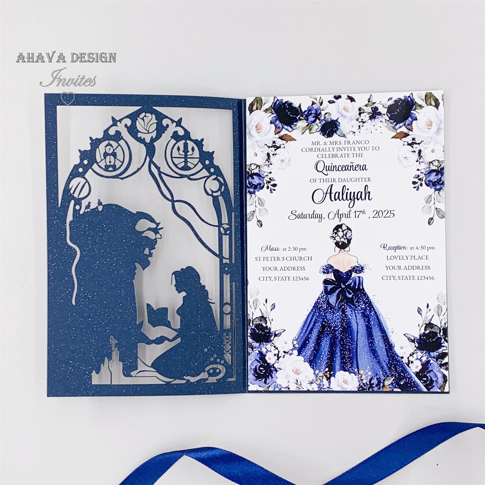 Beauty And The Beast XV Birthday Quinceanera Laser Cut Invites Elegant Navy Princess Sweet 16 InvitationsFree Infinite Design
