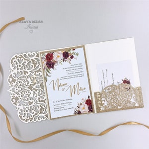 DIY Glitter Rose Gold Dreifaltige Laser cut HochzeitSeinladungen mit RSVP Karte und Umschlag{Free Infinite Design before Pay}