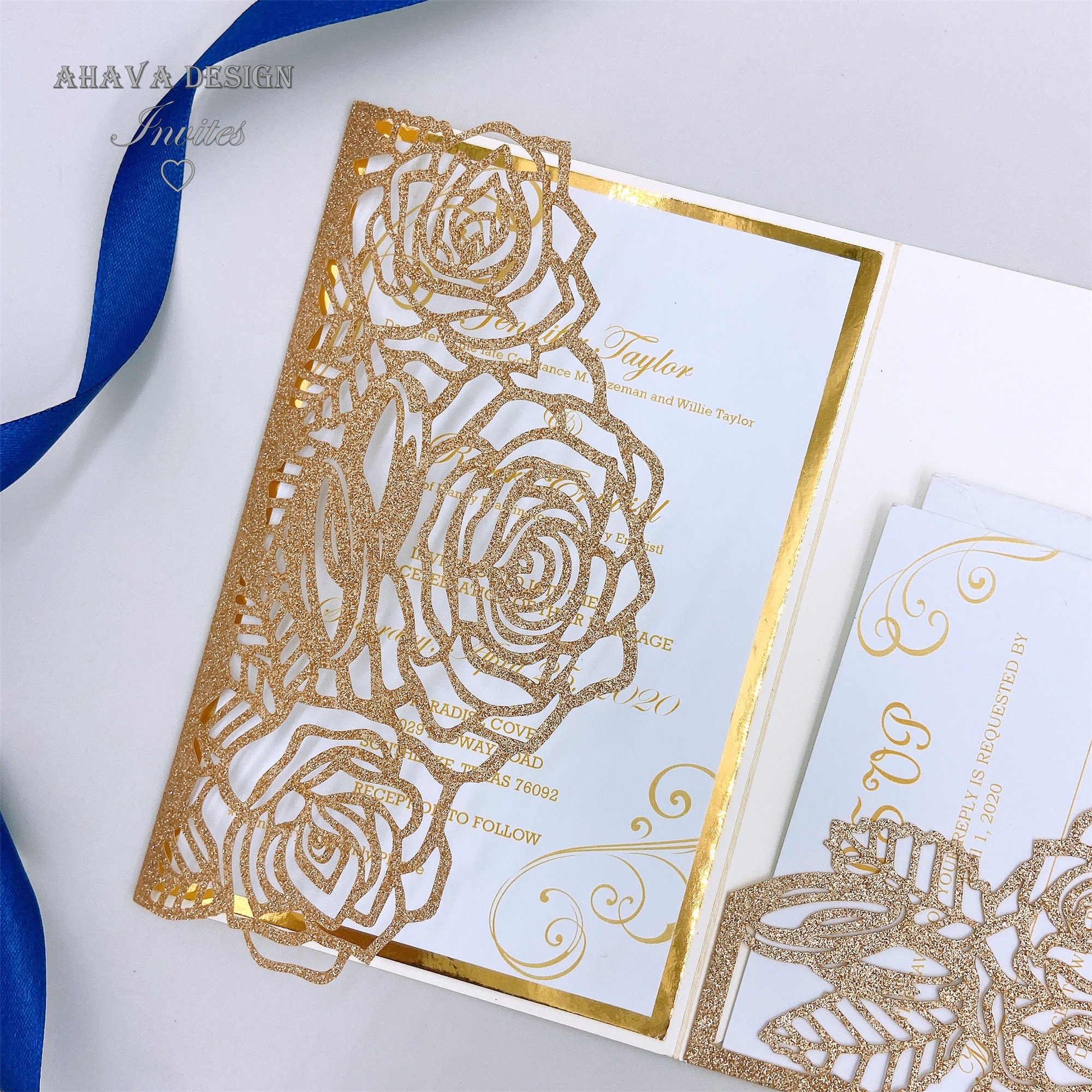 Customized Glitter Rose Gold Laser Wedding Invites With Monogram Tag ...